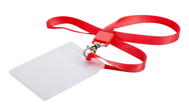 Isolated red fabric lanyard with clear plastic ID badge holder for identification cards or access passes