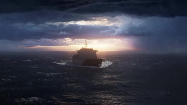 Cargo ship at sea beneath storm clouds and sunset with waves around the bow