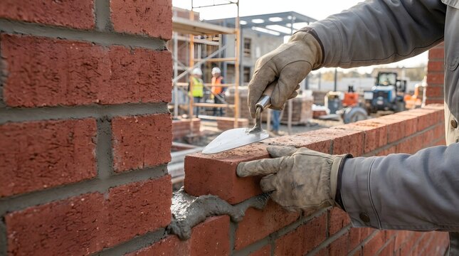Mason hands in leather work gloves setting red brick on mortar with trowel