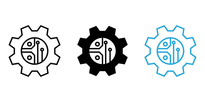 Set of gear icons with digital circuit board patterns for technology and engineering concepts
