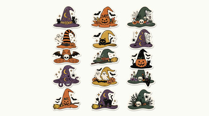 Obraz premium Collection of halloween theme stickers with witch hats and pumpkins halloween decoration celebration