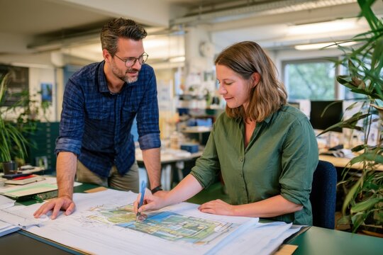 Architect reviewing blueprint with a colleague in the office