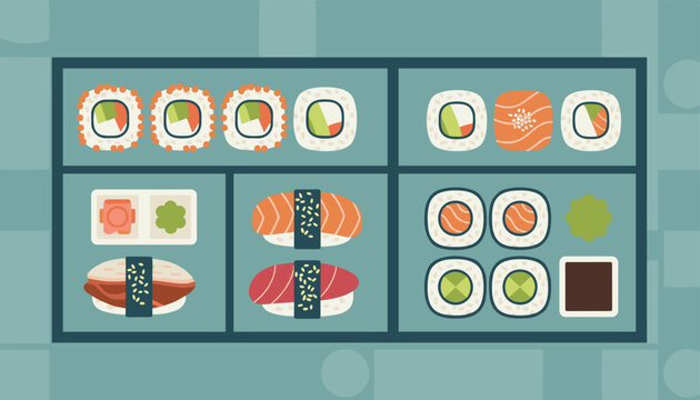 Assorted sushi platter featuring nigiri, maki rolls, salmon slices, wasabi, and soy sauce in a dark blue bento box.
