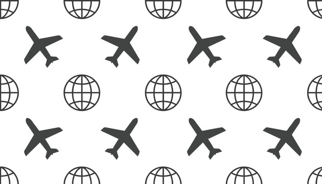 Seamless pattern featuring dark gray silhouettes of airplanes and globe icons on a white background for travel and logistics.