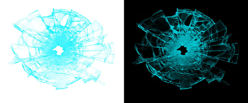 Cyan neon glowing shattered glass effect on black and white background
