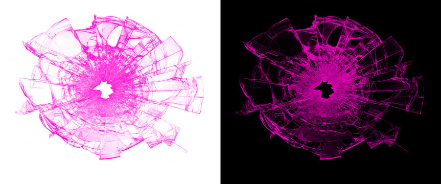 Pink shattered glass texture isolated on white and black backgrounds