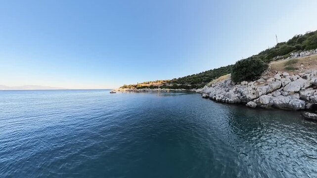 Aerial Flight Toward a Turquoise Coastal Bay Between Finike and Demre, Antalya, Turkey