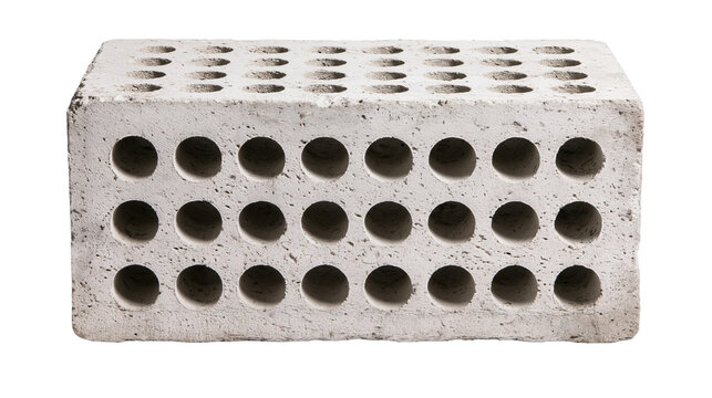 Isolated white perforated brick, essential durable concrete construction material with rough surface