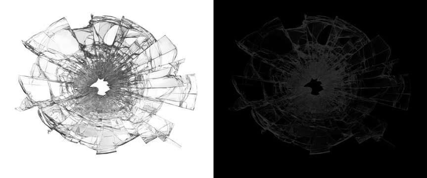 Broken glass bullet hole with cracks isolated on white and black background