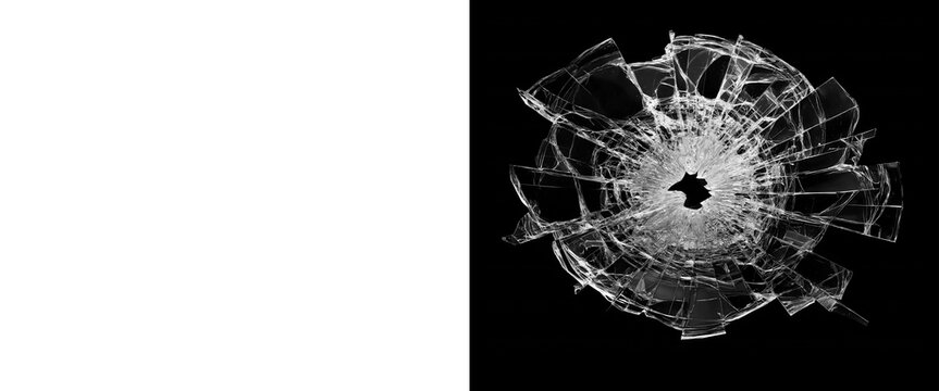 Bullet hole in shattered glass with radial cracks on black background