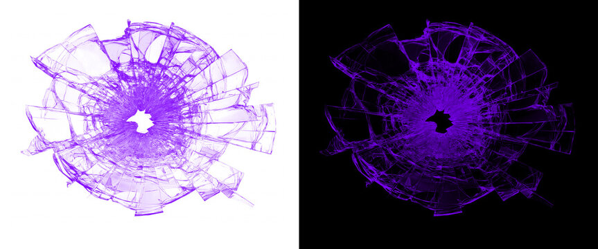 Purple Shattered Glass Bullet Hole Impact Overlay on White and Black Background