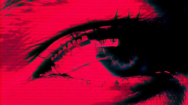 Human eye shifts in extreme closeup against red glitch background with lines