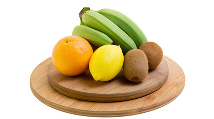 Isolated fresh orange, lemon, green bananas, kiwi fruits on round wooden boards, healthy diet © Oisin