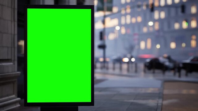 Outdoor advertising mockup: blank green screen board on a city crossroad in warm afternoon light, overcast sky. Fast-moving traffic timelapse with cinematic depth of field. Easy chroma key replacement