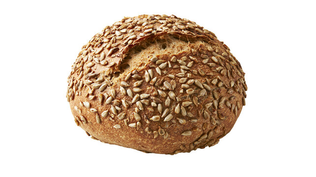 Isolated fresh whole grain bread roll with crunchy sunflower seeds on top, delicious and healthy bakery product.
