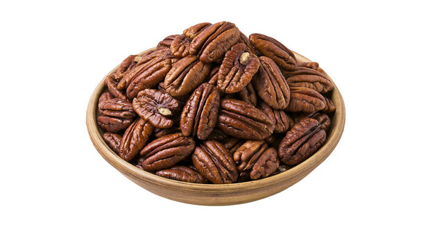 Isolated pecans in a wooden bowl, a nutritious and delicious snack for healthy eating.