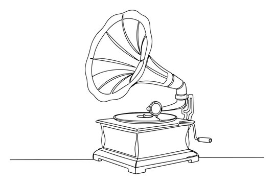 Vintage gramophone continuous line drawing, retro phonograph record player vector illustration isolated on white