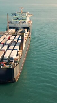 Cold chain logistics and refrigerated transport, trucks with cooling units on freight ferry. Temperature control in maritime cargo delivery. Vertical video.