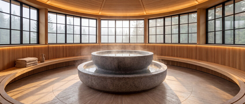 Thermal bath in wooden spa interior featuring a steaming circular stone tub, curved timber benches, and panoramic foggy forest windows for luxury resort wellness promotion