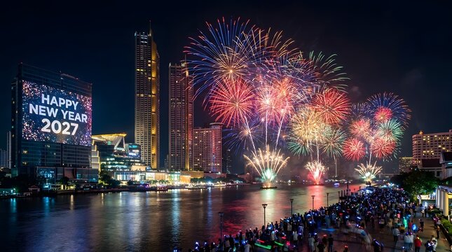 Happy New Year 2027 fireworks over city river, vibrant pyrotechnic display above urban skyline, festive holiday celebration with crowd and skyscrapers