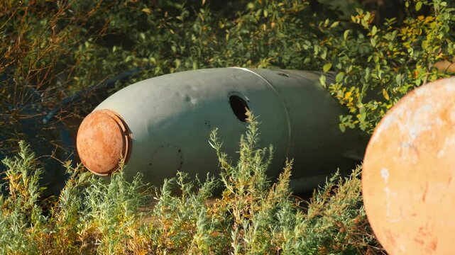 Obsolete, abandoned, and rusty combat missiles and shells stand amidst the natural landscape. A weapons graveyard. An echo of war.