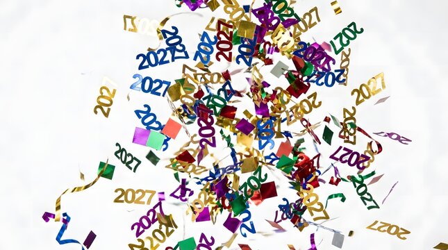 2027 New Year confetti background, colorful metallic 2027 number foil on white, festive celebration party decor for holiday marketing