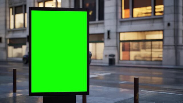 Green screen billboard mockup in a modern city in soft early morning light, partly cloudy sky. Timelapse of street traffic with defocused buildings and glowing windows in the background. Replace the