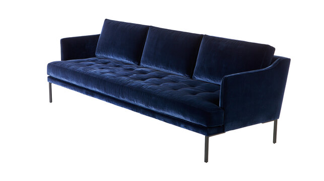 Isolated dark blue velvet sofa, modern three-seater furniture with tufted seat and metal legs.
