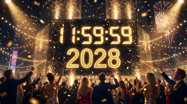 New Year 2028 countdown on large digital screen, festive crowd celebrating with fireworks and confetti, midnight celebration at city square gala
