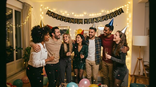 Happy New Year 2027 celebration with diverse friends, joyful group party at home with festive decorations, young people cheering for midnight