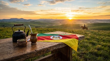 Fototapeta na wymiar Traditional Gaucho Chimarrão on Rustic Wooden Table at Golden Sunrise in Brazilian Pampas