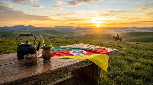 Traditional Gaucho Chimarr&atilde;o on Rustic Wooden Table at Golden Sunrise in Brazilian Pampas