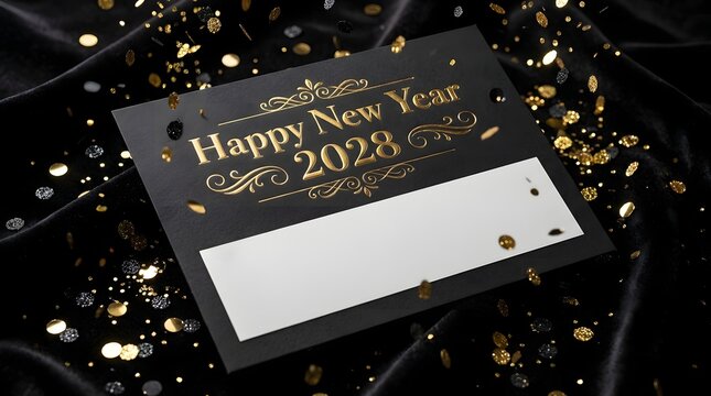 Elegant Happy New Year 2028 greeting card, black and gold invitation with blank copy space, festive holiday celebration card on silk background