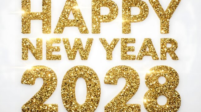 Glittering Gold Happy New Year 2028 Typography on White Background