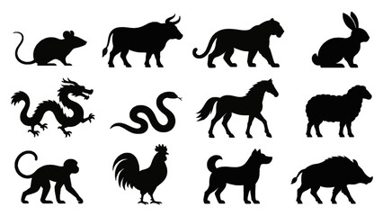 Obraz premium 十二支の動物を描いた黒いシルエット12種セット / Complete Japanese Zodiac Animal Silhouette Collection of Twelve Signs（Generative AI）