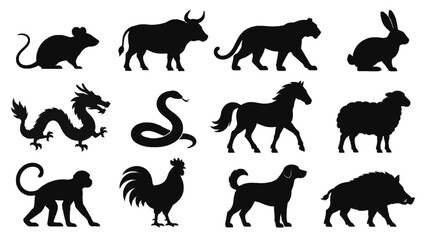Obraz premium 十二支の動物を描いた黒いシルエット12種セット / Complete Japanese Zodiac Animal Silhouette Collection of Twelve Signs（Generative AI）