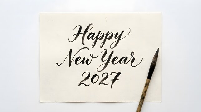Calligraphy Happy New Year 2027 greeting card, elegant hand lettering on paper with ink brush, minimalist holiday celebration announcement
