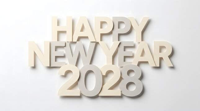 Happy New Year 2028 greeting, minimalist 3D block letters on white background, elegant holiday celebration typography for seasonal marketing