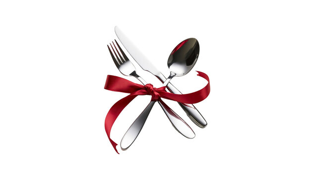 Isolated elegant dining cutlery set tied with a festive red ribbon, perfect flatware gift concept