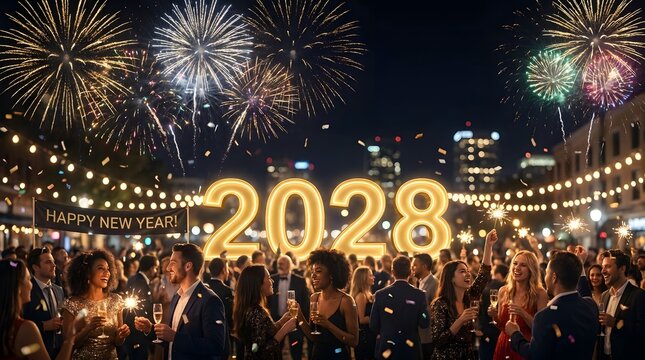 Happy New Year 2028 celebration with fireworks, glowing 2028 neon numbers at outdoor party, diverse crowd of people celebrating at night