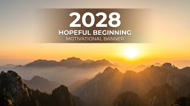 2028 Hopeful Beginning motivational banner, sunrise over mountain peaks landscape, golden hour morning horizon for new year goals