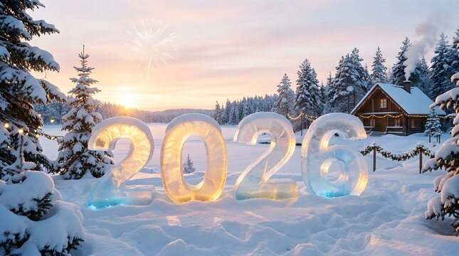 2026 New Year ice sculpture in snowy winter landscape, glowing frozen numbers 2026 at sunset, cozy cabin in snow covered forest background