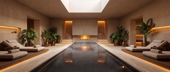 Obraz premium Indoor pool in luxury wellness spa featuring steaming thermal water, modern fireplace, comfortable loungers, and warm ambient lighting for hotel retreat relaxation and hydrotherapy