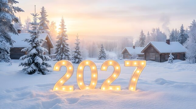 2027 New Year marquee lights in snowy winter landscape, glowing 2027 numbers in snow, festive holiday background with cozy cabins and pine trees