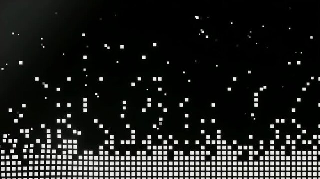 Abstract digital background with white glowing square particles dissolving into black space