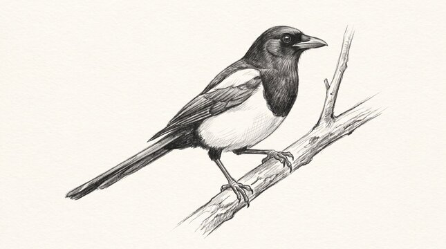 Pencil sketch illustration of a magpie bird perched on a branch