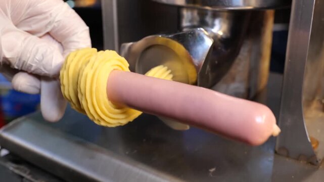 Gloved hand guides pink sausage into stainless extrusion nozzle as yellow pastry rosette wraps tip in industrial kitchen production closeup
