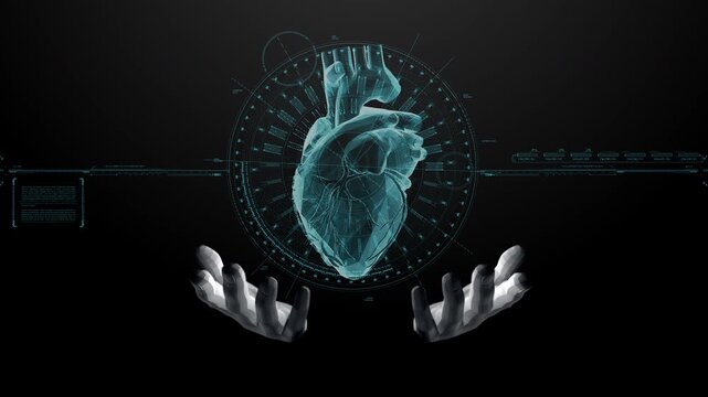 HUD animation video footage featuring a holographic 3D scan image hovering above a palm, conveying a futuristic, high-tech feel associated with data transmission.