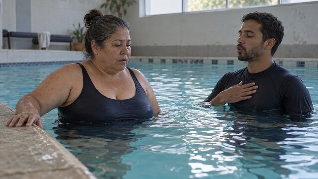 A woman in a black swimsuit stands in a pool, while a man in a black shirt stands opposite her with his hand on his chest, both in an indoor pool area