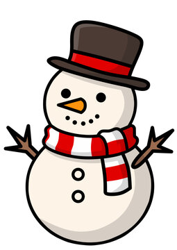 Cute cartoon snowman wearing a top hat and a red striped scarf illustration.